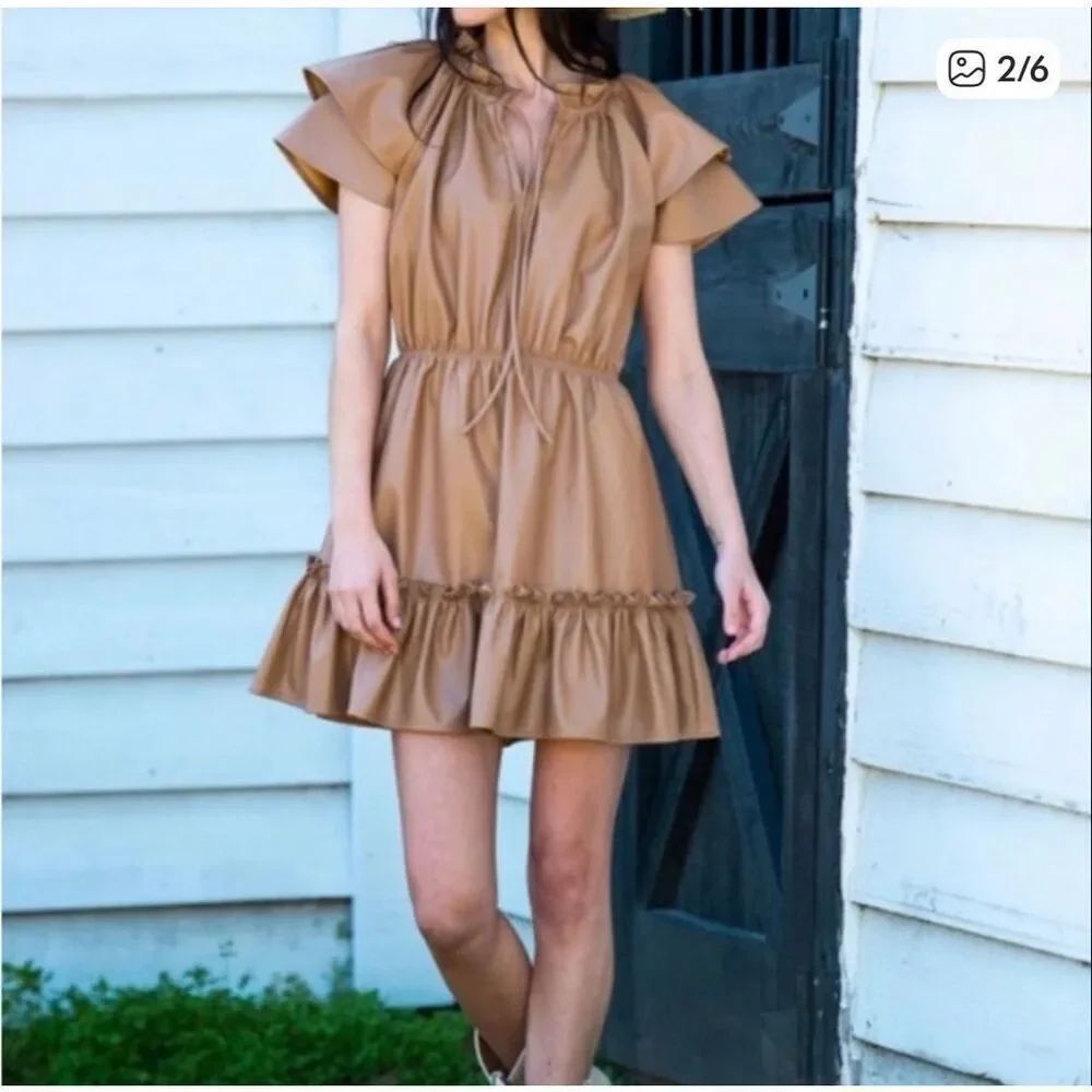 Olivia James The Label Tan Faux Leather Short Sleeve Tinsley Mini Dress Size XS
